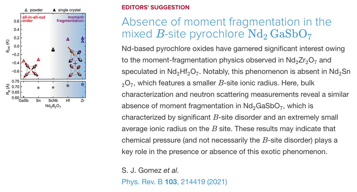 PhysRevB's tweet image. PRB Editors&apos; Suggestion: Absence of #moment #fragmentation in the mixed B-site #pyrochlore #Nd2GaSbO7

S. J. Gomez, P. M. Sarte, M. Zelensky, A. M. Hallas, B. A. Gonzalez et al.,
Phys. Rev. B 103, 214419
#physics #condmat #EdSugg @APSPhysics

Article: go.aps.org/3vnmRZ3