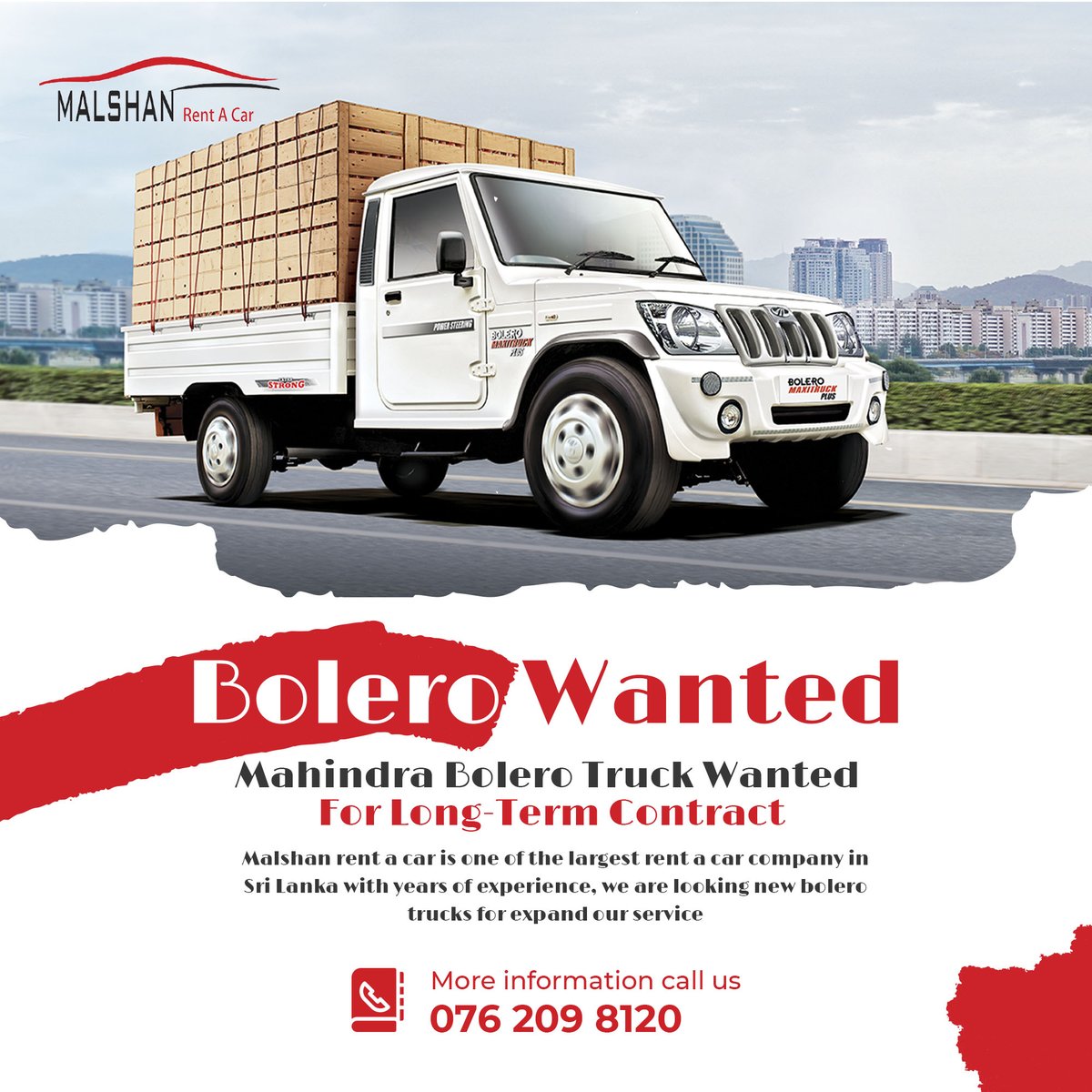 MalshanCar's tweet photo. Mahindra Bolero Truck Wanted

දිවයිනේ ප්‍රමුඛතම Rent a Car ආයතනයක් වන අප ආයතනයේ පවතින පුරප්පාඩු සදහා න
ව Mahindra Bolero Truck රථ උවමනා කර තිබේ

වැඩි විස්තර සදහා - 0762098120 https://t.co/jBn3dtW5Ig