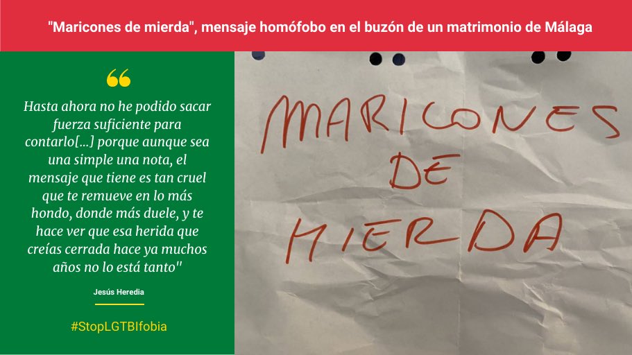 Es indignante que pasen cosas como esta, estos ataques de odio por simplemente ser una pareja de hombres. Y como bien comentan las víctimas en una entrevista para la SER ¿Qué hubiera pasado si esta nota la hubiese recibido un niño de 14 años?