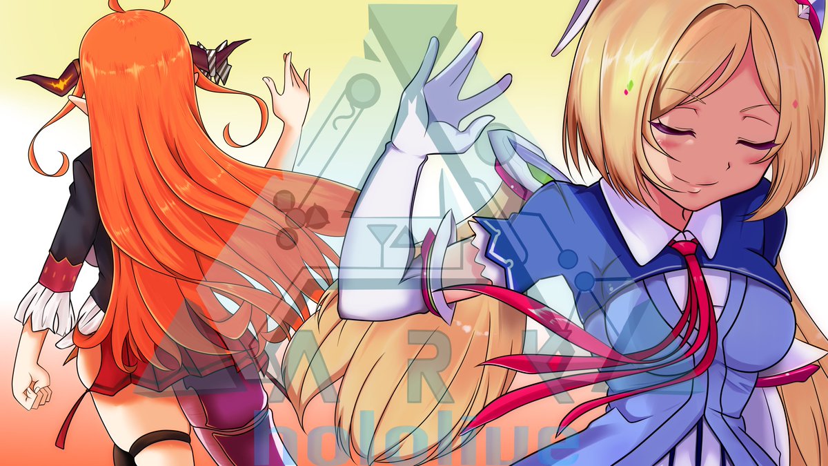 aki rosenthal ,kiryu coco multiple girls 2girls long hair detached hair blonde hair orange hair gloves  illustration images