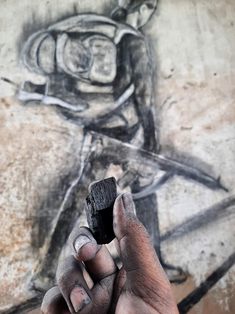 A charcoal art on the wall of a refugees camp in Loikaw, Kayah (Karenni) Region. Artist is MaThetThetSoe — she is also fleeing from town to hide from #MyanmarMilitaryTerrorists.  #June17Coup #MilkTeaAlliance #WhatsHappeningInMyanmar