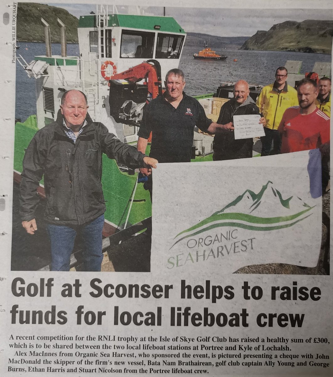 portreernli's tweet photo. After a fantastic golf competition at #IsleofSkyeGolf1 & sponsored by Organic Sea Harvest. A cheque was presented to #RNLIPortree by Alex MacInnes. Copy c/o this week’s edition of the #WHFP https://t.co/GoQldQLdh5