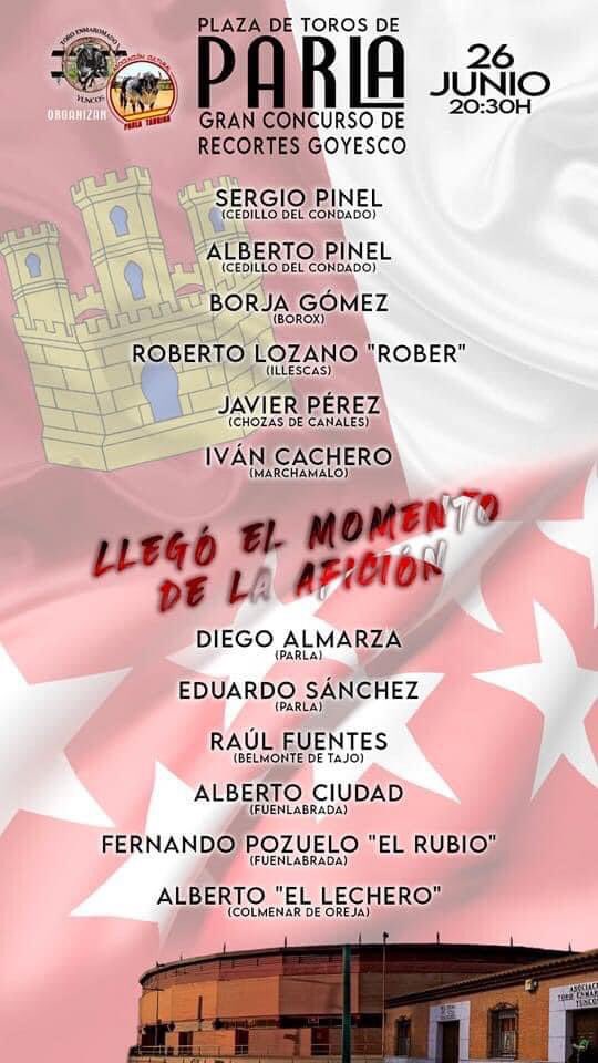 ¡Seguro que tod@s disfrutaremos con vosotros!

6 Madrileños
6 Castellano-Manchegos
2 Encastes
2 Hierros
2 Asociaciones
26J Parla

Llegó el momento de la afición!!!!!

Toro Enmaromado Yuncos