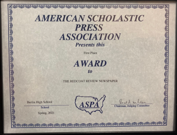 BHS_Berlin_CT's tweet photo. Our student newspaper, The Redcoat Review, earned 1st place in the 2021 American Scholastic Press Association’s newspaper competition. Congrats to students and teachers who make up the staff of The Redcoat Review!

To check out previous editions visit https://t.co/Pa3G71jOMt. https://t.co/Yy62L6eOT5