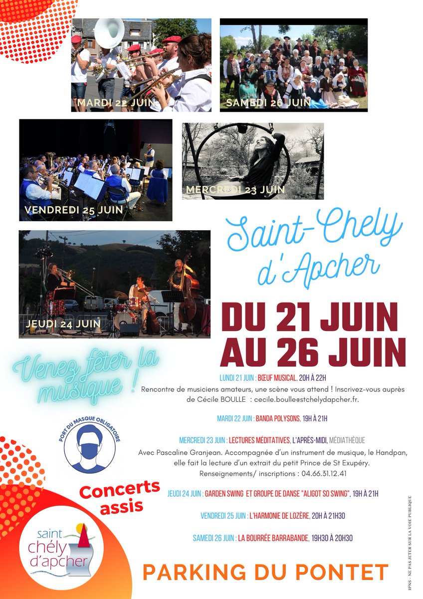 Semaine musicale du 21 au 26 juin à #saintchelydapcher 
Concerts assis au parking du Pontet. Port du masque obligatoire. urlr.me/g91my
#musique #lozere