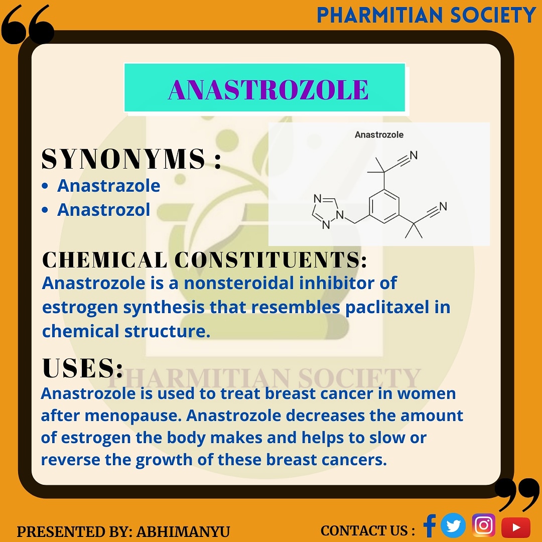 MitPharmacy's tweet photo. Pharmitian society presents a poster on Anastrozole.

#pharmacology 
#drug 
#Pharmacist 
#pharmacy 

@MitPharmacy https://t.co/tZRcUNa6h8