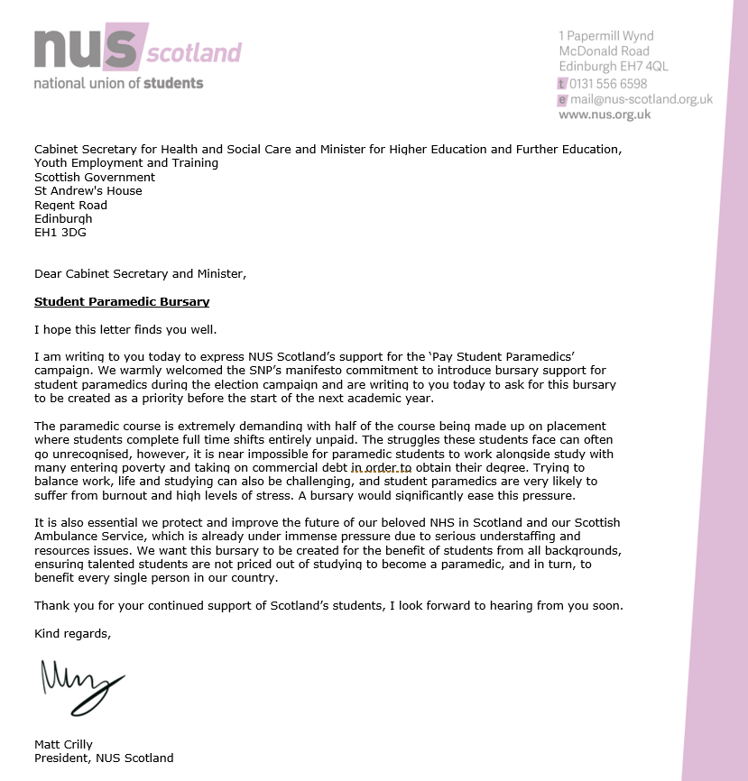 NUSScotland's tweet photo. 🚑Students paramedics need support! Too many students are being priced out of the course because they are unable to juggle  their placements, studying and working at the same time

👇Today we've written to @HumzaYousaf&amp;@jamiehepburn to support @ParamedicsPay calling for bursaries https://t.co/KXNu1clWr9