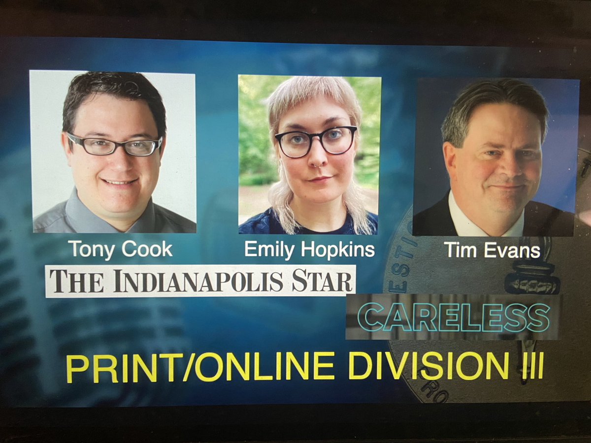 indyemapolis's tweet photo. I am here to tell you that you can have a bleached blond mullet and win an IRE medal.
In all seriousness, thank you thank you thank you to the @IRE_NICAR contest judges for recognizing CARELESS and for providing the closest thing to a group photo I have with this team. https://t.co/KC6PaZqw4Z