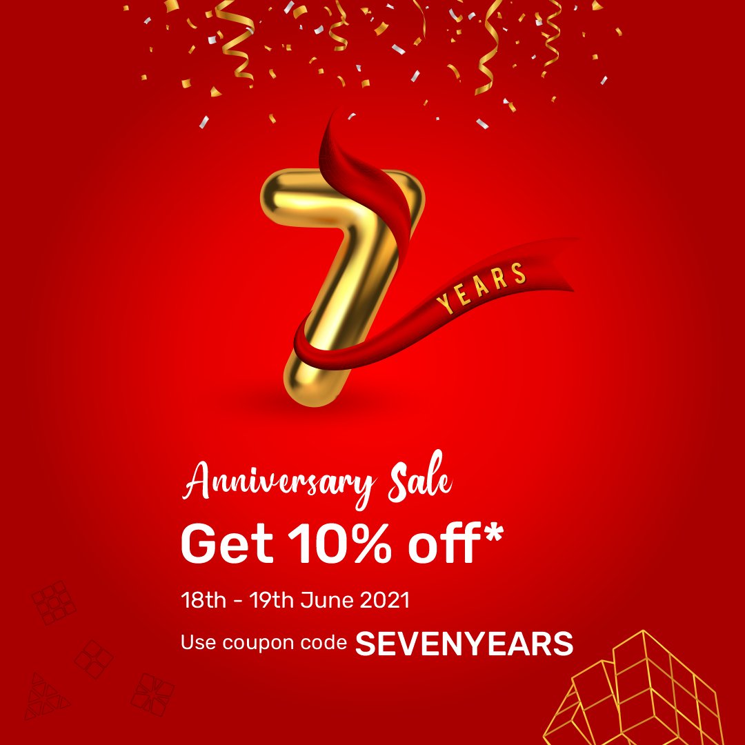 🎊CUBELELO 7 YEARS ANNIVERSARY SALE 🎊

Let's celebrate this journey together, we're having a SALE on the 18th and 19th of June. Use coupon code SEVENYEARS to avail 10% off across all the products for a minimum order value of ₹1500.

<a href="/cubelelo/">Cubelelo</a> #Anniversary #celebration #Cubelelo