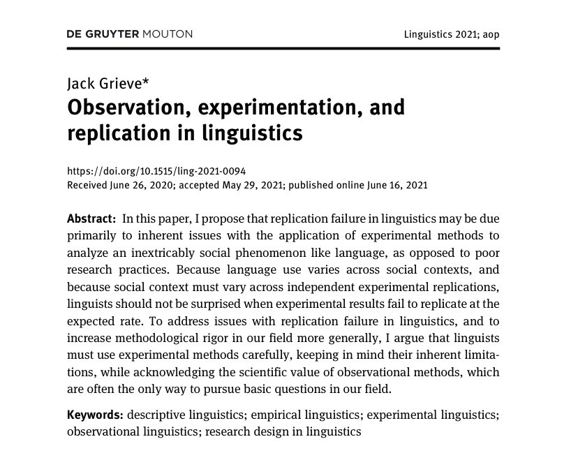 Very happy to announce my new paper is officially out in Linguistics!

Observation, Experimentation and Replication in Linguistics

🔒 doi.org/10.1515/ling-2…

🔓⬇️

A brief thread... 1/n