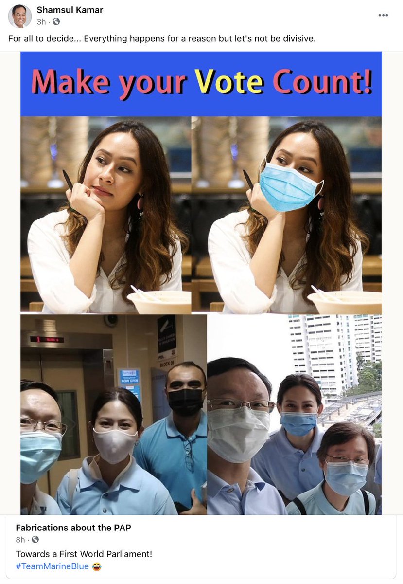 What we're seeing here is a PAP candidate from GE2020 (in Aljunied GRC, his team lost) sharing disinformation from a known pro-PAP FB page insinuating that <a href="/srhbgrb/">Sarah Bagharib</a>'s attempt to get accountability from @PAFrenz had some partisan agenda. It's not even her in the <a href="/wpsg/">The Workers' Party</a> photos.