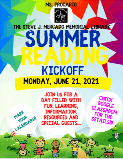 MsProcario's tweet photo. #SummerReadingKickoff is happening this Monday, June 21, 2021 @RisingStars36! Mark your calendars &amp; check Google Classroom for the details! There will be so much fun &amp; information! #RisingStars #Beanstack #Sora #NYPL #SpecialGuests #VirtualAuthorVisits  #TheLibraryIsAlwaysOpen https://t.co/3WJtUG7i4Q