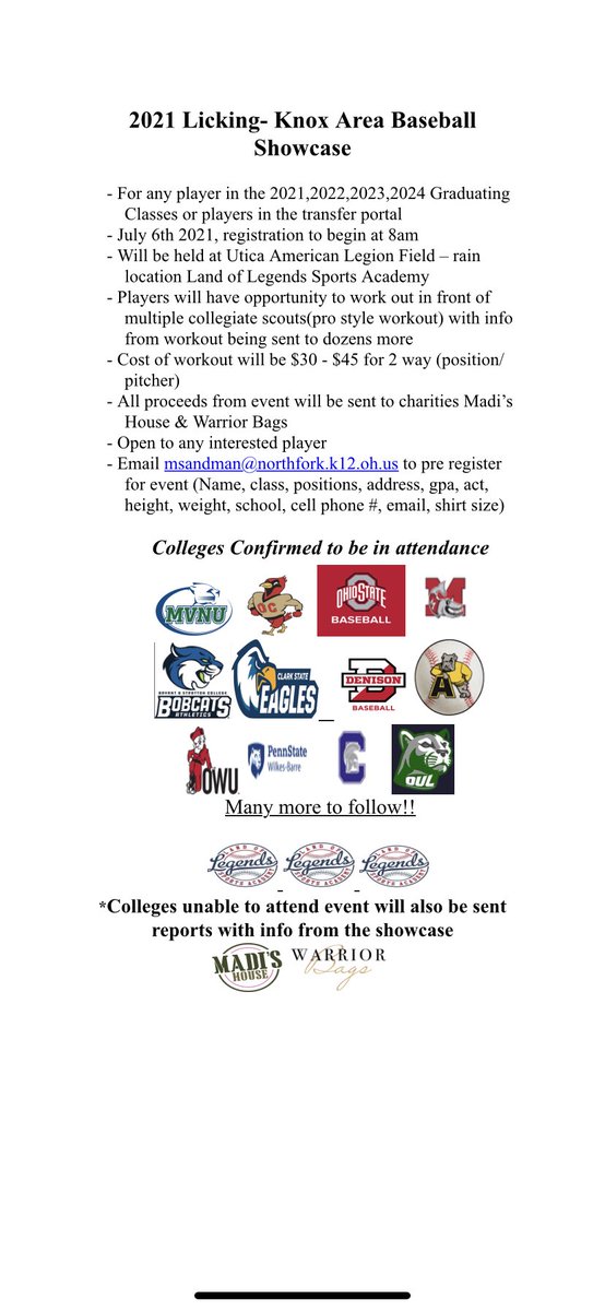 More colleges are confirming their attendance for the 2nd annual Licking/ Knox Area Showcase with several others requesting info - don’t miss out on this amazing opportunity to be seen and get your info out to colleges!