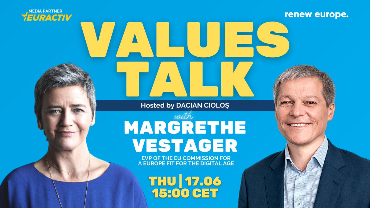 Euractiv's tweet image. 🔴 Remember to tune in at 3pm to follow @RenewEurope's #ValuesTalk series on #AI! With @EU_Commission EVP @vestager &amp;amp; Renew EU President @CiolosDacian, moderated by our @BrianMaguireEU.

Join the discussion and ask your questions here: eurac.tv/9Tjl