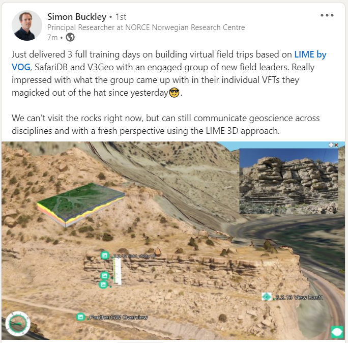 lime_by_vog's tweet photo. Thanks to @Virtualgeol and Dr. Simon Buckley for providing detailed insights on building Virtual Field Trips with #LIMEsoftware over 3 full training days, with the help of #3D data from @v3_geo and @Safaridb of course! https://t.co/Ejukn6Uda3