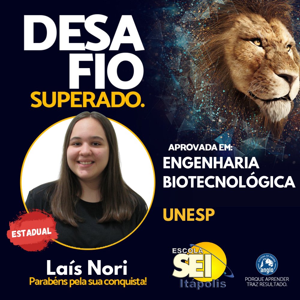 SEI_Anglo's tweet photo. Bom dia!!!
➕ uma APROVAÇÃO FERA! 🦁
Através do ESFORÇO todo DESAFIO é SUPERADO.
Parabéns "LAÍS CAVICCHIOLI NORI"...
✔ APROVADA em ENGENHARIA BIOTECNOLÓGICA na UNESP
#vencerdesafios #acreditar #SEIANGLO #aprovação #LAÍS #UNESP #engenhariabiotecnológica https://t.co/q9lMyqJyNW