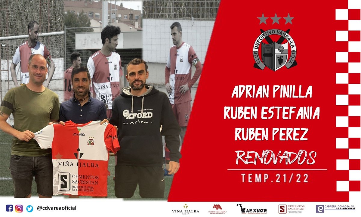 vareaoficial's tweet photo. 🟥⬜ COMUNICADO | Los tres capitanes seguirán defendiendo la camiseta del CD Varea.

➡️ Adrián Pinilla, Rubén Estefanía y Rubén Pérez renuevan y jugarán su 11° temporada juntos en nuestro club.

¡Sus éxitos serán los nuestros! ❤️

📢📢ANIMA A TU EQUIPO!!!!
#CDVarea⚪🔴 https://t.co/jaRgSYqkMC