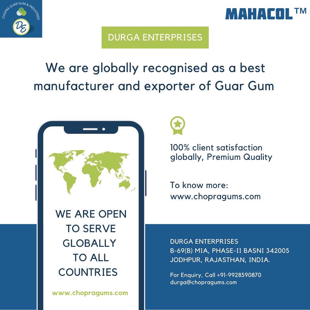 durgagums's tweet photo. We at Durga are open to serve Globally to all the countries offering a wide variety of our brand Mahacol™ Guar Gum Powder.
.
.
.
#mahacol #durgaenterprises #GuarGum #GuarSplits #GuarGumPowder #GomaGuar #guargumExporters #guargumManufacturers #guargumpowdersupplier https://t.co/FoVpqsO0Te