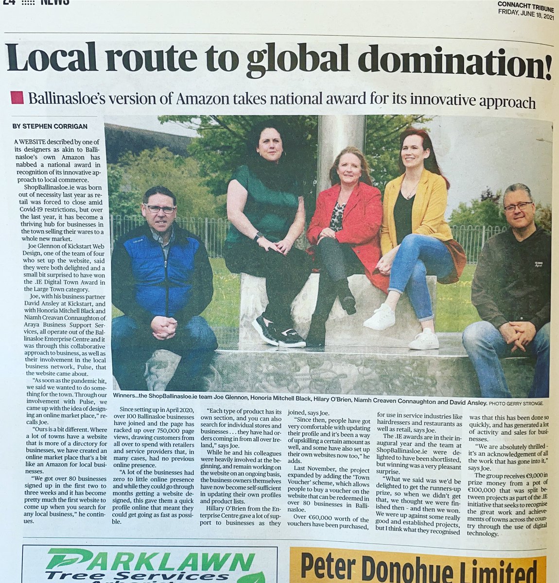 ShopBallinasloe's tweet photo. Delighted to feature in @CTribune  THANKYOU #stephencorrigan covering #win at @.ie #digitaltownawards. We are thrilled and so fortunate to have all the local #ballinasloe businesses rally together when it was needed most to embrace #digitaltechnology 
#shopballinasloe #honthetown https://t.co/xVeLFHbWwi