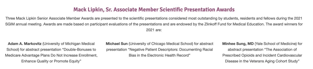 YaleADM's tweet photo. Congratulations to @sung_minhee &amp; team, among winners of the 2021 @SocietyGIM Mack Lipkin Sr., Associate Member Award for most outstanding abstract! "The Association of Prescribed Opioids &amp; Incident Cardiovascular Disease in the Veterans Aging Cohort Study." https://t.co/9WVUKGM2TX