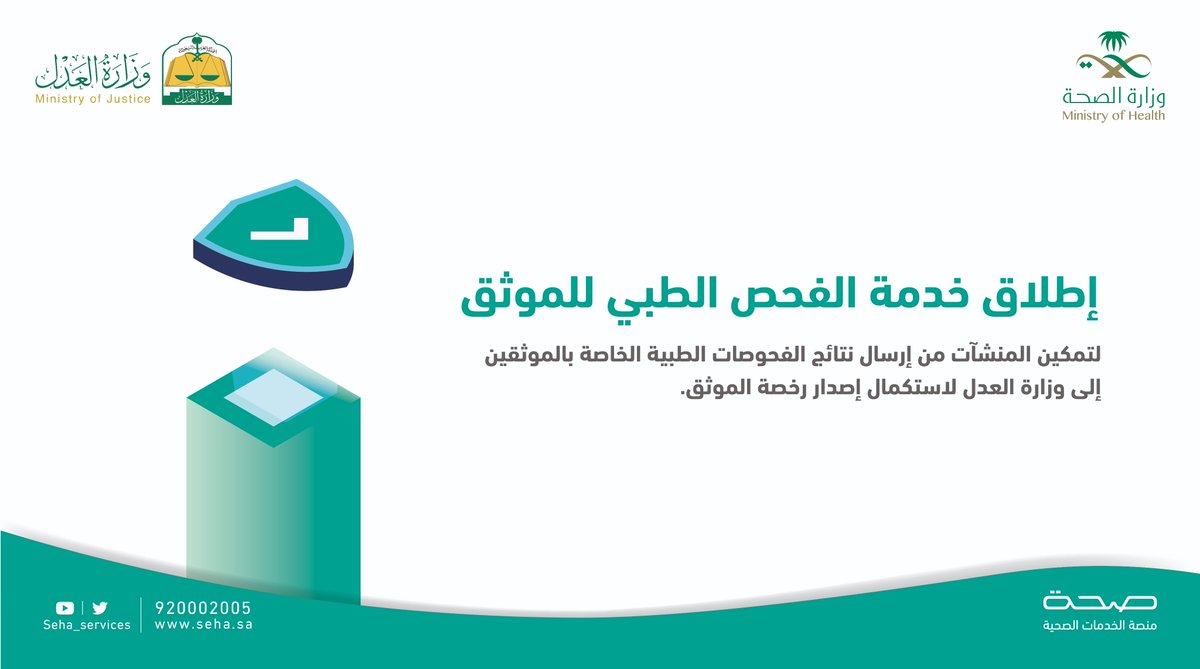 Seha_services's tweet photo. أطلقت #منصة_صحة خدمة الفحص الطبي للموثق لتتيح للمنشآت الصحية إدخال وإرسال نتائج الفحوصات الطبية إلى #وزارة_العدل لاستكمال اصدار رخصة الموثق. https://t.co/GQoyOtHK6y