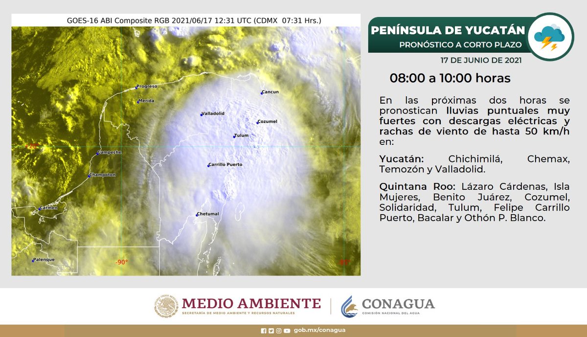 #Lluvias puntuales fuertes, #DescargasEléctricas y #Vientos fuertes se prevén en zonas de #Yucatán y #QuintanaRoo en un periodo de dos horas. ⚠️⛈️👇