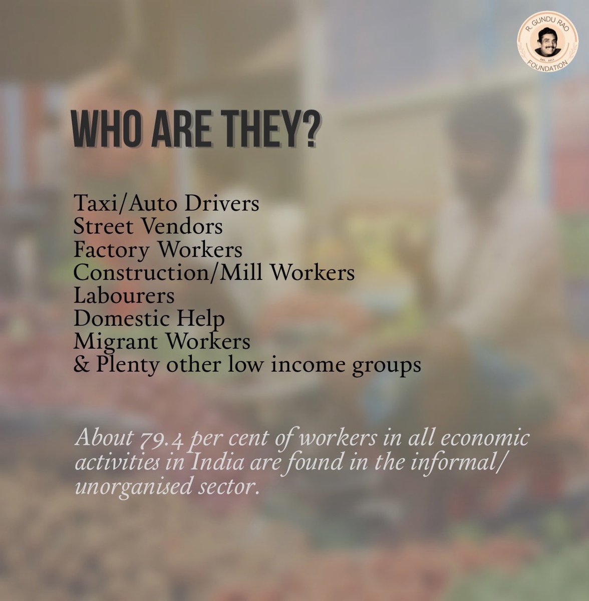 rgrfoundation's tweet photo. As #lockdown’s been lifted in a few districts in #Karnataka &amp; strict restrictions continue throughout the state, let’s remember to help #UnorganizedSector workers who rely on daily wages to survive &amp; provide for their families. 

A little goes a long way. 🙏🏽

#RGunduRaoFoundation https://t.co/VQhyKpCJ7g