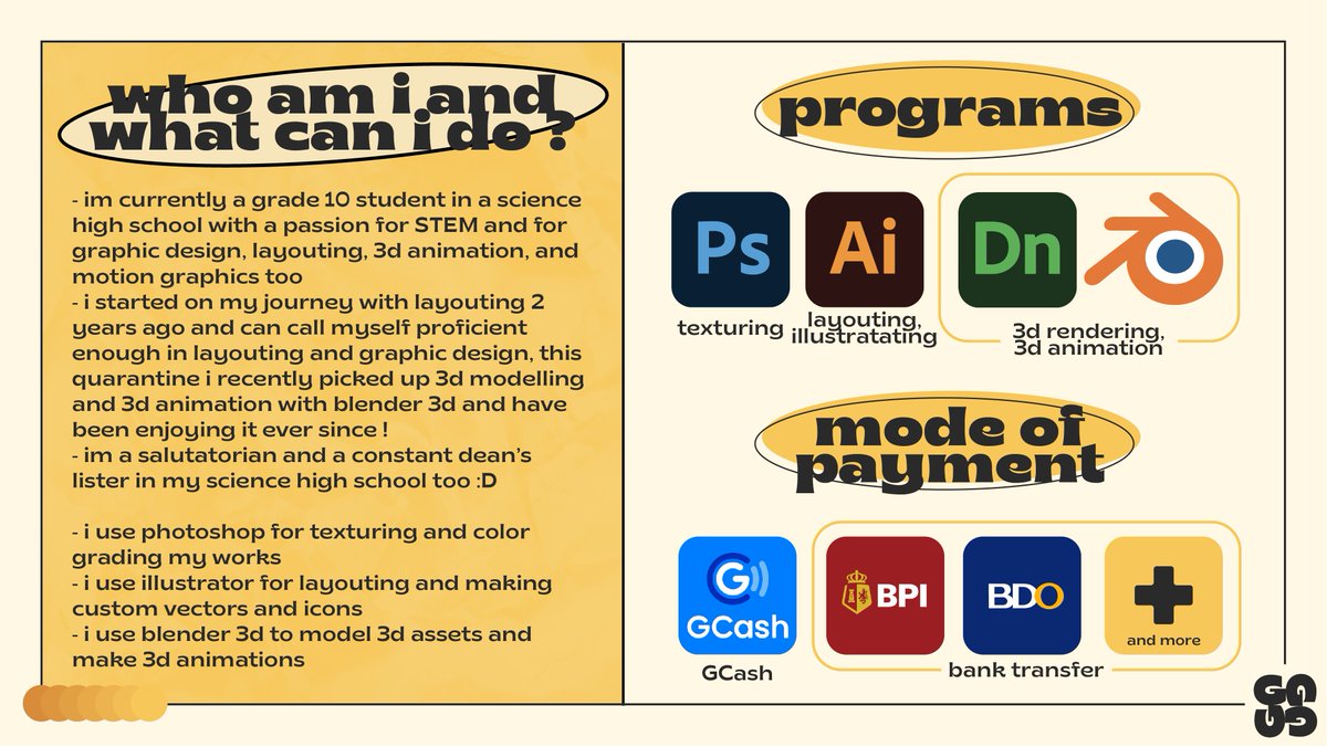 GCREATIVECOMMS's tweet photo. 🟡hiiii im a student doing creative commissions with superb quality for a reasonable price !!!

if you need someone to design infographics, posters, powerpoints, etc. just dm me ! G na G ako for that ^_^

🟡 for feedback thread check #GFEEDBACK
🟡 for full portfolio just dm me ! https://t.co/vTDwxQnO03