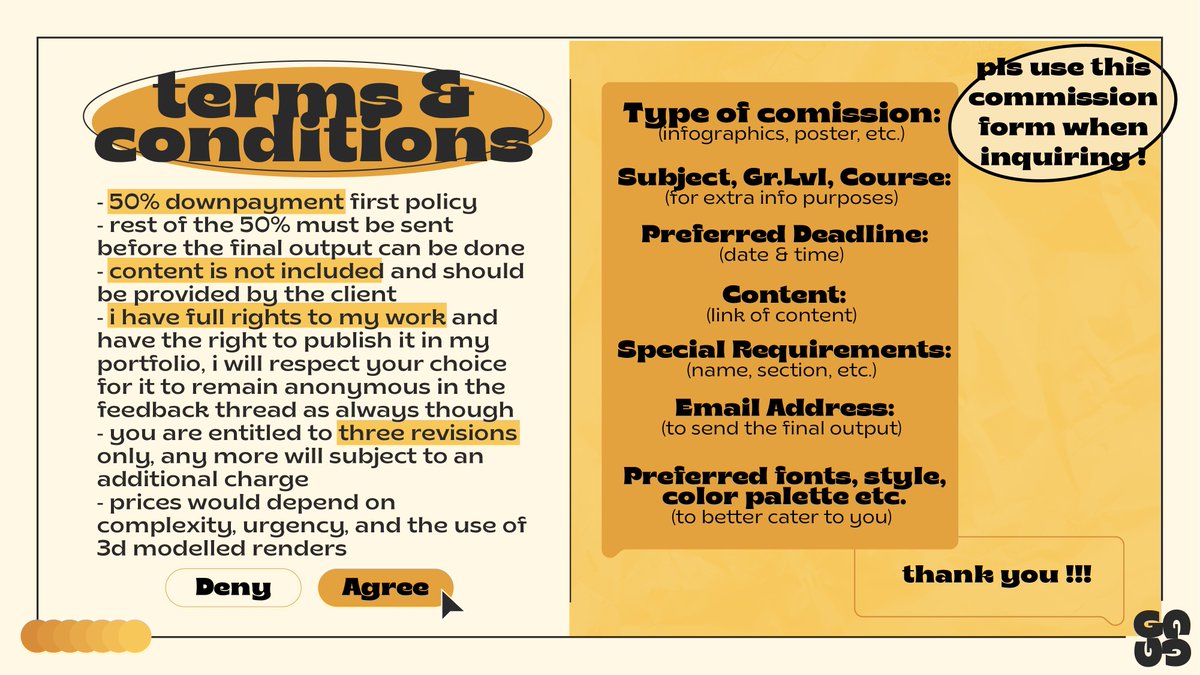 GCREATIVECOMMS's tweet photo. 🟡hiiii im a student doing creative commissions with superb quality for a reasonable price !!!

if you need someone to design infographics, posters, powerpoints, etc. just dm me ! G na G ako for that ^_^

🟡 for feedback thread check #GFEEDBACK
🟡 for full portfolio just dm me ! https://t.co/vTDwxQnO03