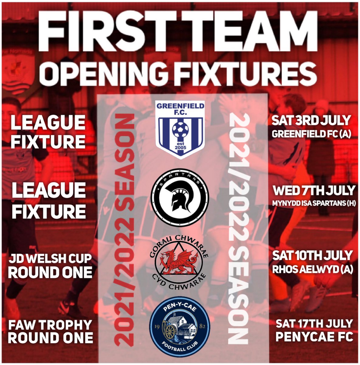 CefnMawrRangers's tweet photo. OPENING FIXTURES | First Team 📆 ⚽️
Our first team opening fixtures for the new 2021/2022 season have been released.
Sat 3rd July - @Greenfieldfc (A)
Wed 7th July - @MynyddIsaFC (H)
Sat 10th July - @RhosAelwydFC (A) #JDWC🏆
Sat 17th July - @penycaefc1 (H) #WAT🏆
🔴⚽️ https://t.co/suBILbYJ6F