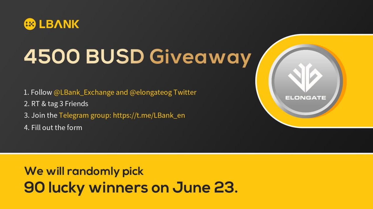 LBank_Exchange's tweet photo. 🔥To celebrate the listing of $ELONGATE , we are gonna throw an #Airdrop  with 4500 $BUSD giveaway! @elongateog 

To participate:
💗Follow us and @elongateog 
💗RT &amp; tag 3 Friends
💗Join the Telegram group: https://t.co/3UkM4ZwVEV
💗Fill in:https://t.co/vZsh2dQiJ3

#Giveaways https://t.co/r3Y2xzJJB3