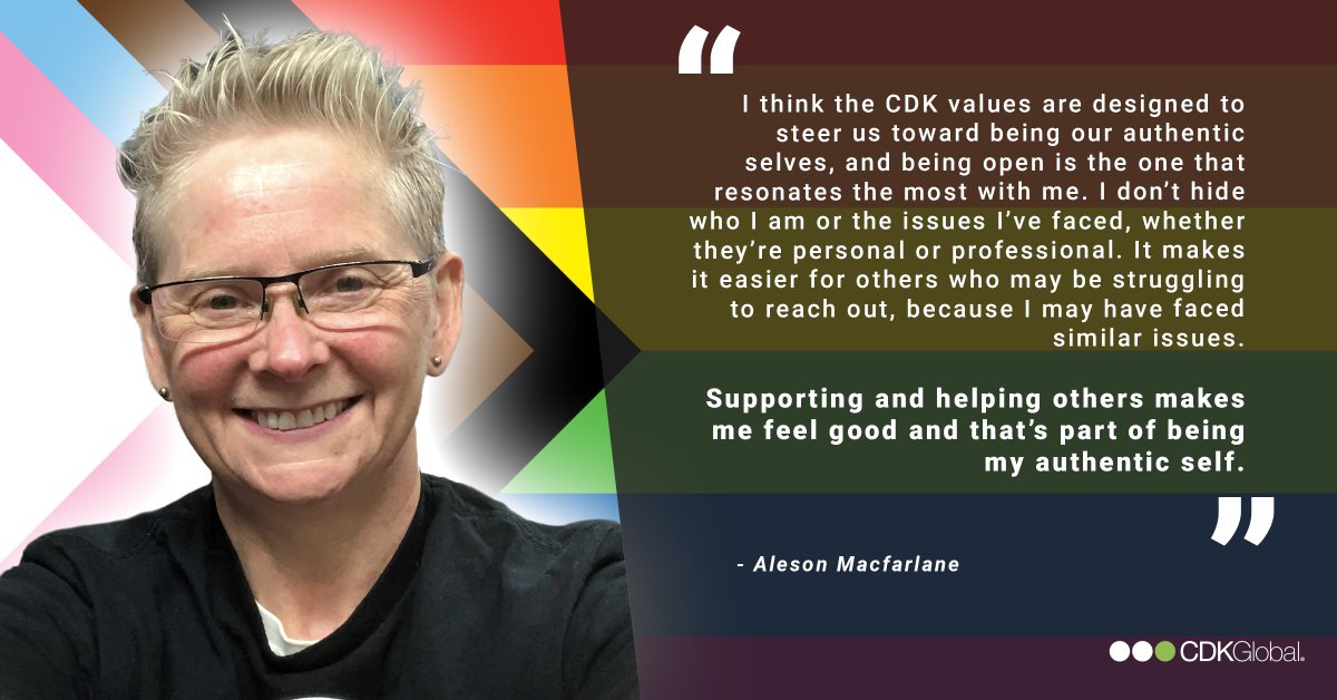 CDKGlobal's tweet photo. In celebration of #PrideMonth, our LGBTQIA+ colleagues are sharing their experiences at CDK. Aleson Macfarlane, director of logistics, Procurement, explains how CDK enables her to be her authentic self in the workplace. #lifeatCDK https://t.co/JHHaFigG8w
