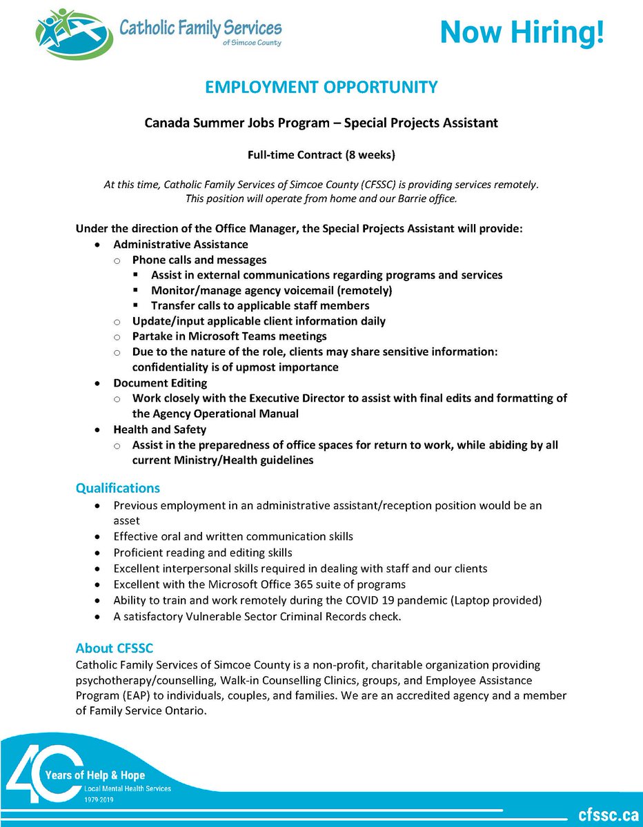 CFSCounselling's tweet photo. ATTN YOUTH - Looking for a summer job? Thanks to the #CanadaSummerJobsProgram, we're offering an 8-wk summer contract for an admin position supporting special projects. Applications are now be considered. #GreatPlaceToWork https://t.co/rNcPgLLPAZ https://t.co/HMwD9nlBLK