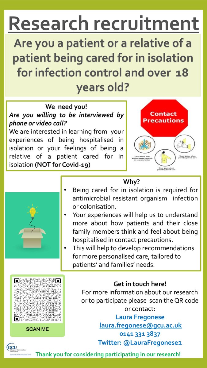 Have you been cared for in isolation in a 🏥single room (under contact precautions)for #IPC because infected or colonised by #AMR such as #MRSA #CPE #Cdiff etc.? Would love to hear about your experience! Please share, RT, or get in touch for more ℹ️ 📧 laura.fregonese@gcu.ac.uk