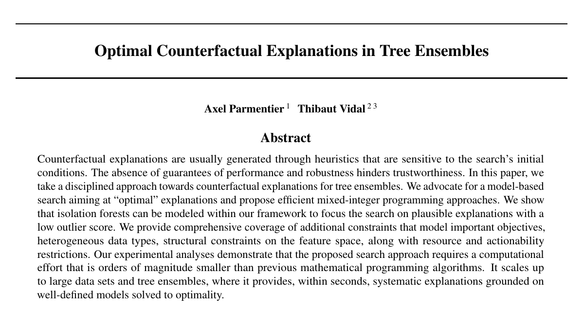 vidalthi's tweet photo. Check our recent #ICML2021 paper titled "Optimal counterfactual explanations in tree ensembles" at https://t.co/6ZFxhSmR32
We argue that *optimal* counterfactual explanations are fundamental for transparency and trustworthiness in #MachineLearning... (1/6) https://t.co/lu8yrIKgd3