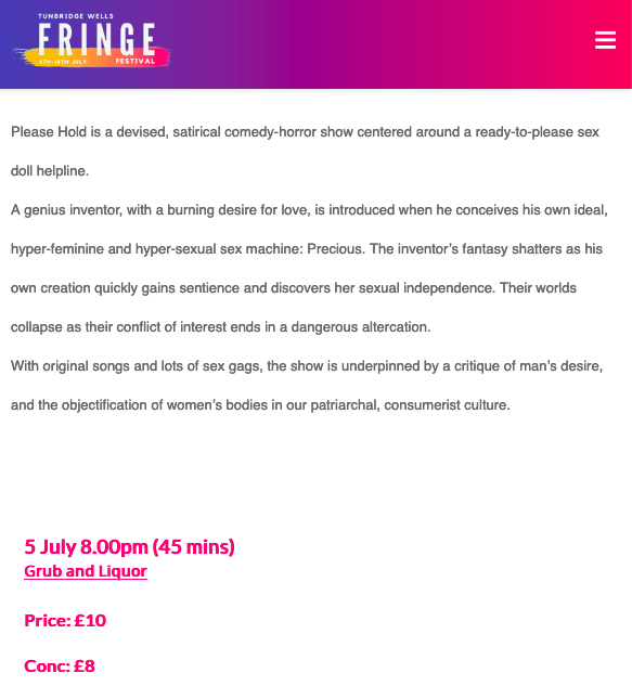 Book to see our recent graduates <a href="/ACompanyofSix1/">A Company of Six</a> at the <a href="/TWFringe/">TWFringe</a> here: twfringe.com/events/please-… ! Delighted to see another show made at <a href="/ChiUniTheatre/">Chichester University Theatre Dept.</a> <a href="/chiuni/">University of Chichester</a> taken to wider audiences 😃 #actortraining #highereducation