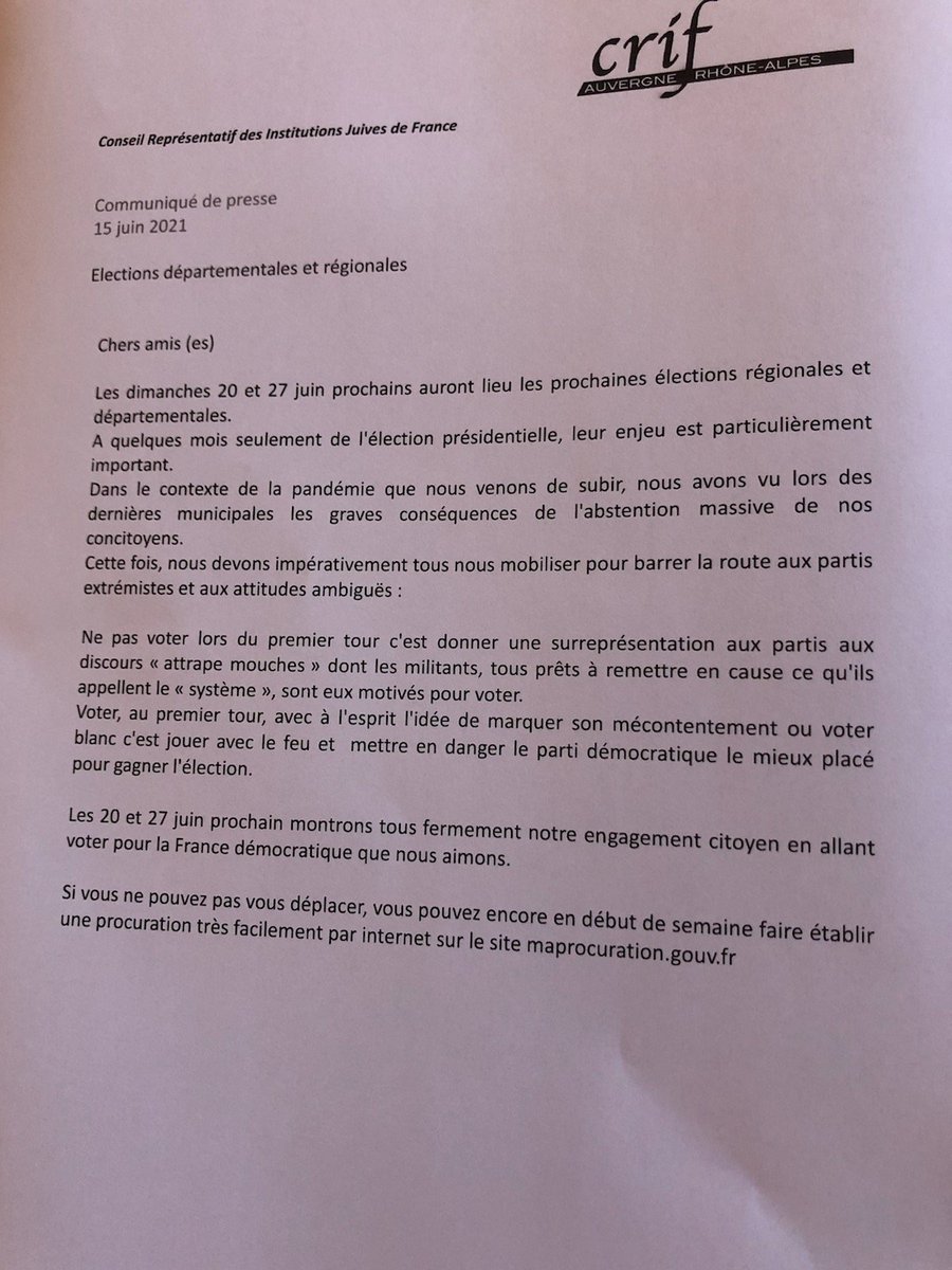 #ElectionsRegionales #electionsdepartementales2021 : Mobilisons-nous pour "barrer la route aux partis extrémistes et aux attitudes ambiguës"