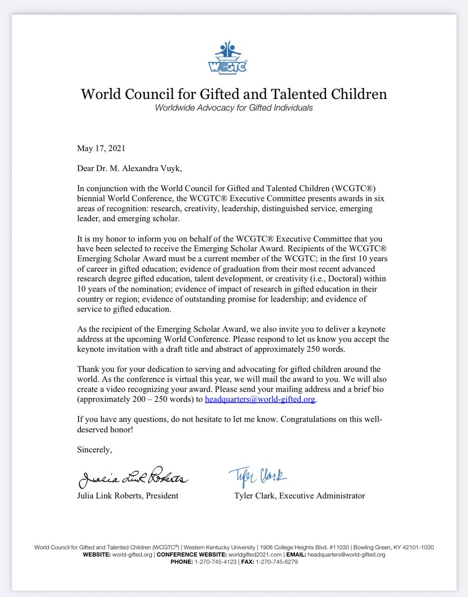 Inmenso honor de contar que soy la primera persona que recibe el Emerging Scholar Award in Gifted Education (Investigadora Emergente en #AltasCapacidades), premio mundial del Consejo Mundial para Niños Superdotados y Talentosos <a href="/wcgtc/">WCGTC</a> 🎉🎉