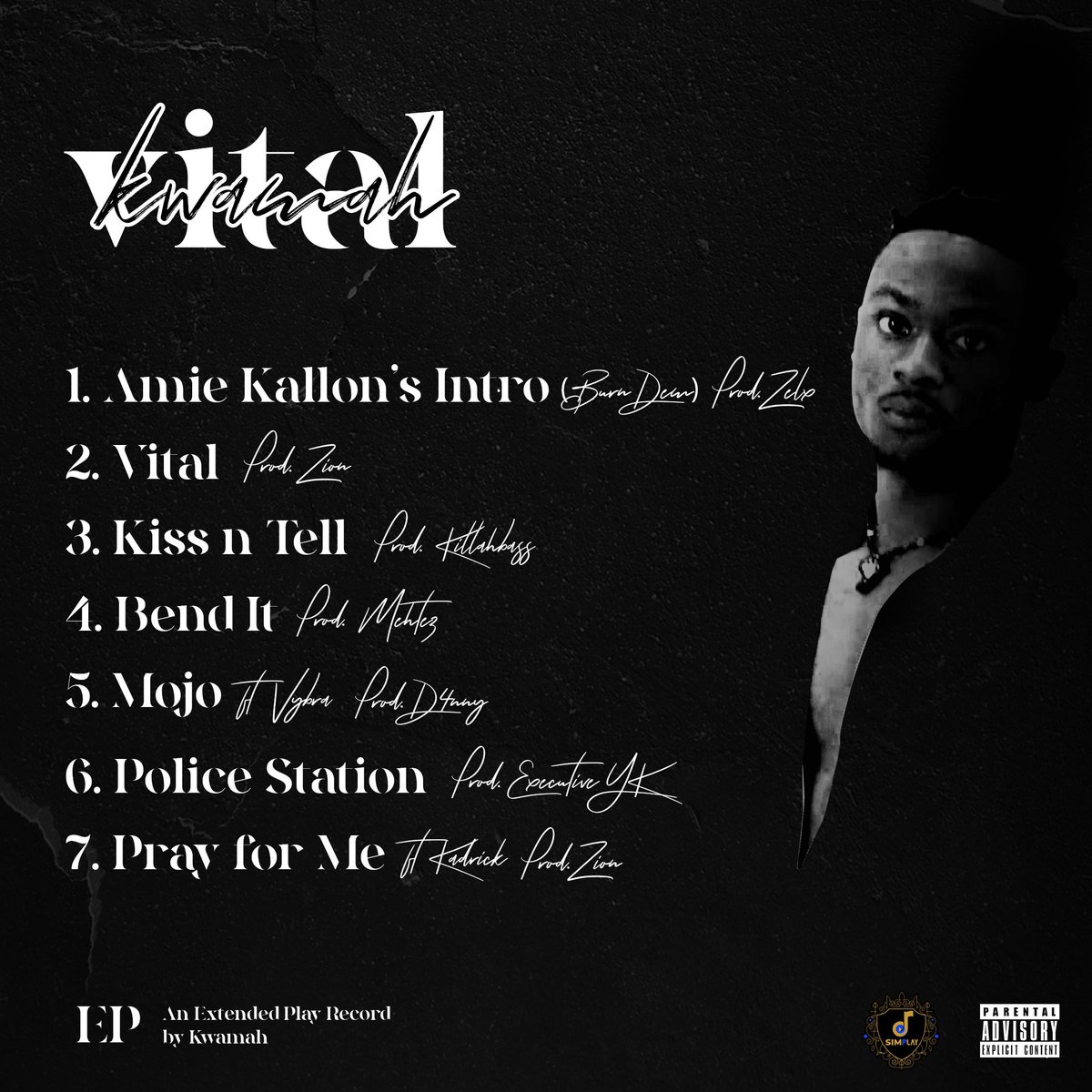 SimplayLtd's tweet photo. The official track list for the #VITALEP by @boss_kwamss is out!! Featuring production credits from different backgrounds and vocals from some of the brightest stars from SL. 09.07.21 coming soon ⌛️
#Simplay #TheNewEmpire #SaloneTwitter https://t.co/tjYxrXnFDs