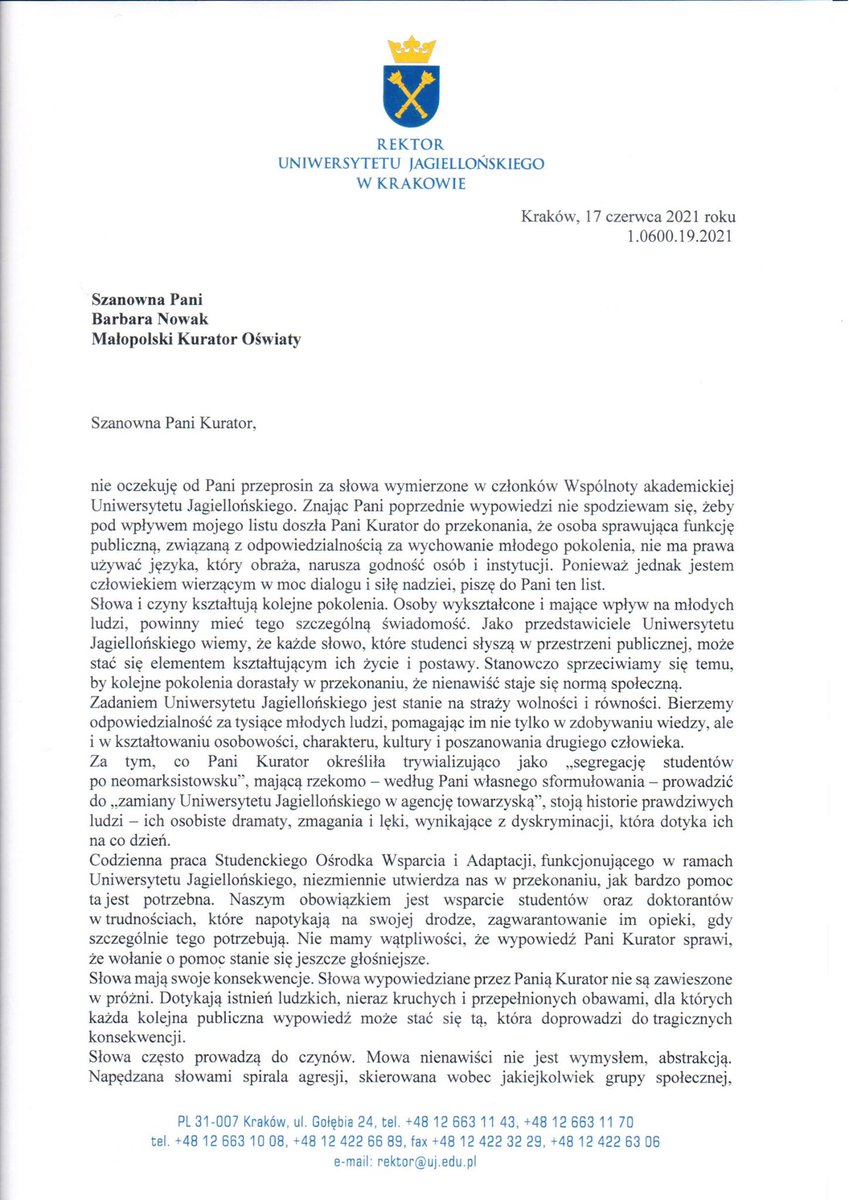 JagiellonskiUni's tweet photo. List otwarty do małopolskiej kuratorki oświaty @Br_Nowak  - przeczytajcie słowa rektora UJ prof. Jacka Popiela: https://t.co/UY4AqHMrzj