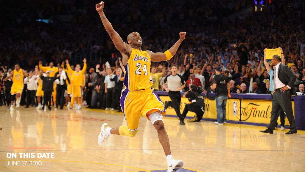 espn's tweet photo. "I just got one more than Shaq."

11 years ago today, the Lakers won an epic Game 7 battle against the Celtics.

Kobe's fifth title 🏆 🏆 🏆 🏆 🏆 https://t.co/vjQU2Vp7i5