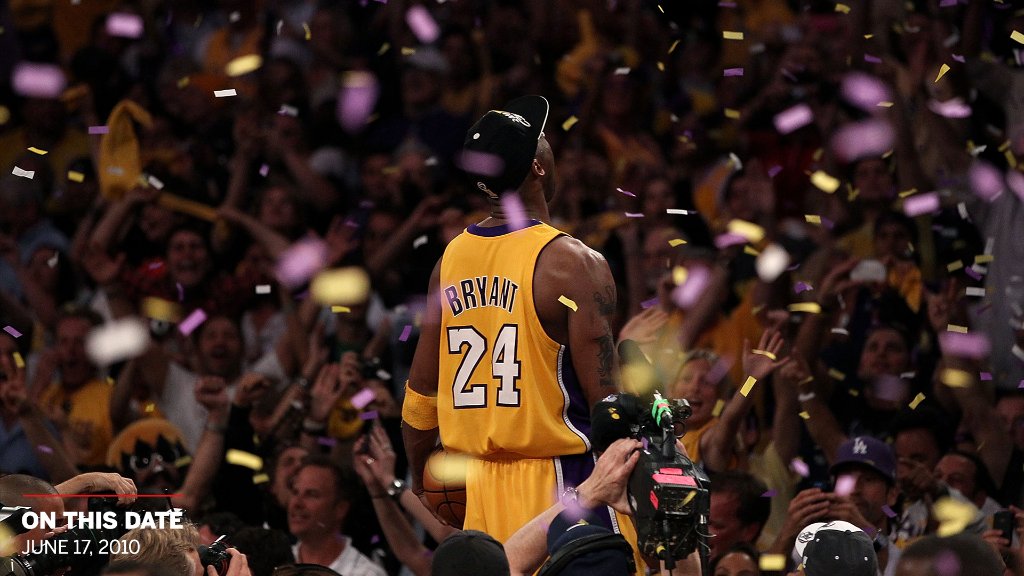 espn's tweet photo. "I just got one more than Shaq."

11 years ago today, the Lakers won an epic Game 7 battle against the Celtics.

Kobe's fifth title 🏆 🏆 🏆 🏆 🏆 https://t.co/vjQU2Vp7i5