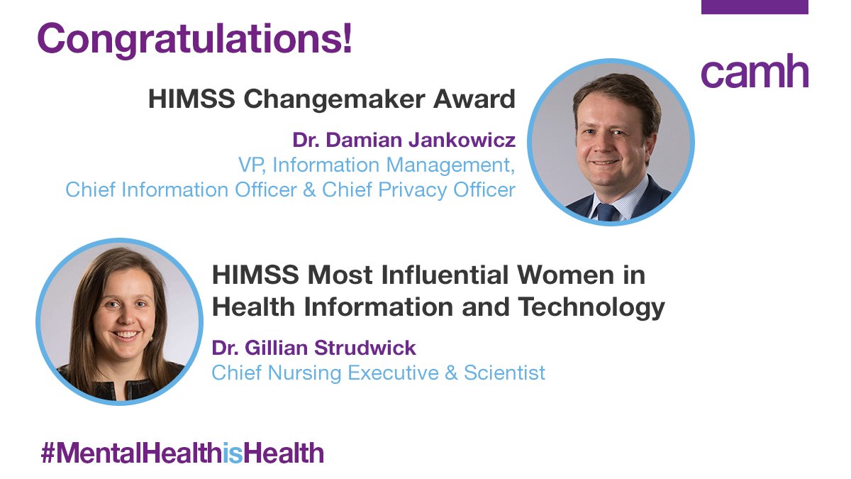 CAMHnews's tweet photo. Congratulations to Drs Damian Jankowicz and @GStrudRN on their @HIMSS awards, Damian for being a Changemaker in Health, and Gillian in the category of Most Influential Women in Health Information and Technology. #healthredefined https://t.co/CcrmvS7OT6
