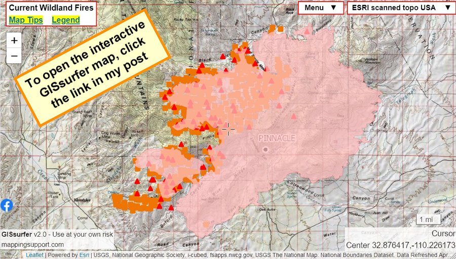MappingSupport's tweet image. Thursday June 17. #PinnacleFire AZ 25,805 acres as of 10:37pm infrared flight yesterday.  Map lets you turn on/off/restack lots of #GIS layers. Top layer is clickable.  Need help?  See 2 links upper left corner.  #AZfire #AZwx

Open #GISsurfer map: bit.ly/3guDfmm