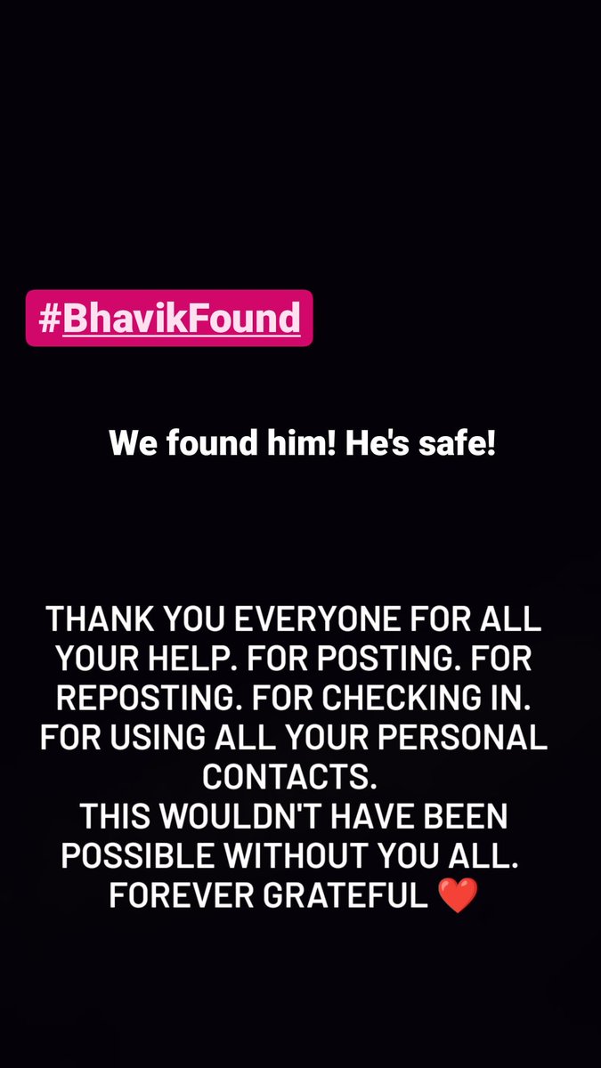 puri_pallavi's tweet photo. OUR FRIEND BHAVIK WAS FOUND AND HE IS SAFE!! 

Thank you so much everyone for helping us in finding Bhavik. It wouldn’t have happened without all the support you showed. I am spellbound by the force of unity🌟

#FindBhavik https://t.co/Kk4kVFPAtI