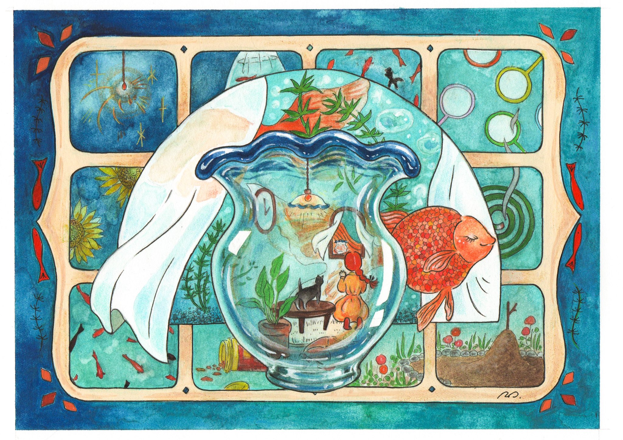 Twitter 上的 りこぱん 絵 何時かの金魚鉢 古道具の金魚鉢が忘れられなかったので 絵に描きました 縦長が珍しい金魚鉢でした イラスト 絵 水彩 金魚 金魚鉢 画像だけで夏を感じさせる選手権 イラスト好きさんと繋がりたい T Co