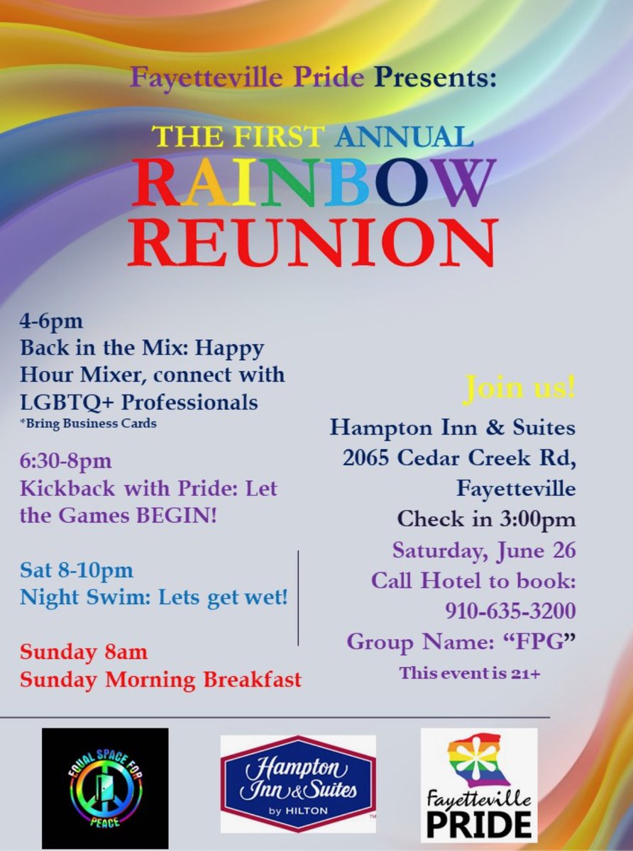 We are excited to share information regarding the FIRST ANNUAL Rainbow Reunion. A weekend of PRIDE and Marketing. Following the last year and a half we are all anxious for fun and connection this a great opportunity for both. #PRIDE #FayettevillePride  #EqualSpaceForPeace