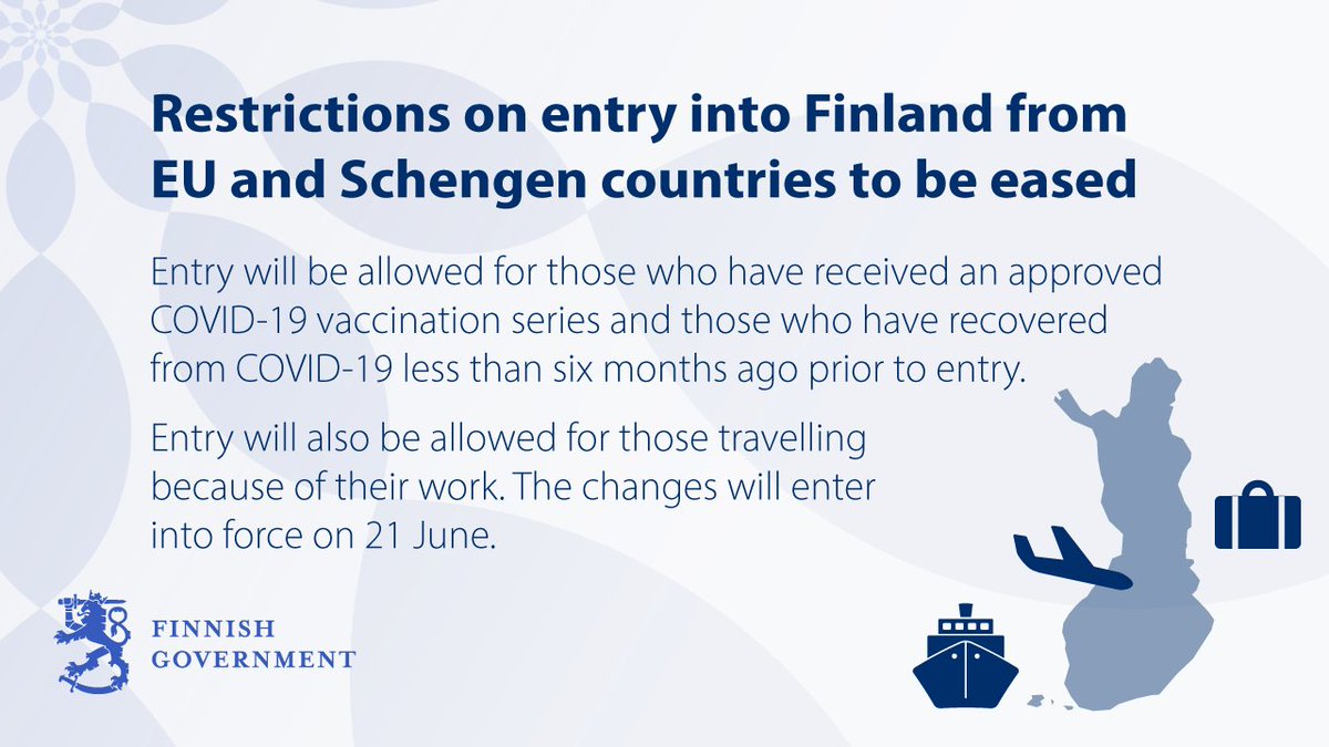 Entry into Finland from EU and Schengen countries will be allowed for those who have received an approved COVID-19 vaccination series and those who have recovered from COVID-19 less than six months ago prior to entry. Entry into the country will also be allowed for those travelling from EU and Schengen countries because of their work. The changes will enter into force on 21 June. 