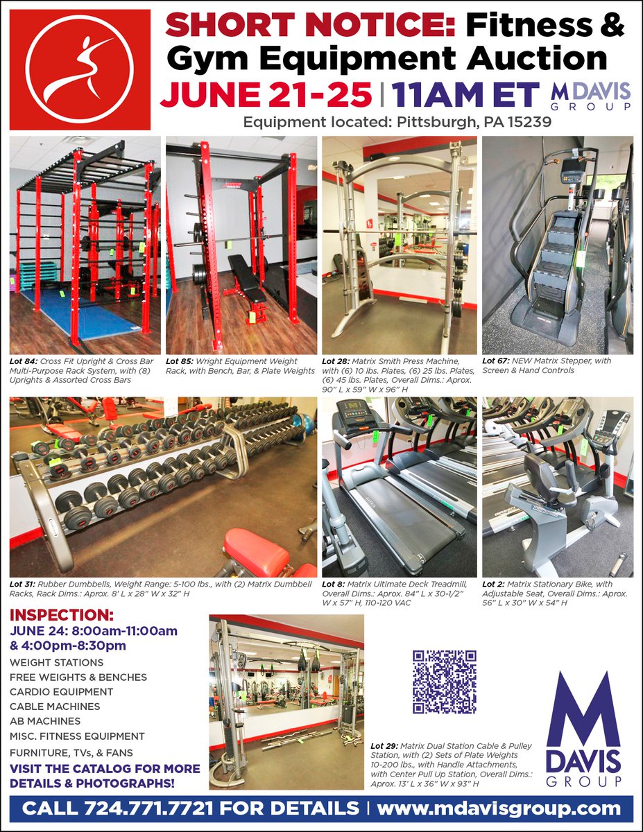 t_paulone13's tweet photo. S & C community & fitness enthused: here is a great opportunity to purchase NEW & Lightly used equipment at Auction on June 25th! Sale ordered by U.S. Bankruptcy Court of the Western District of PA! #Auctions #ForcedLiquidation https://t.co/2SDjaEaRzF