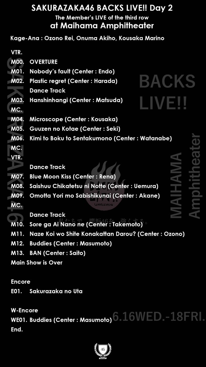 46FansINA's tweet photo. 📃 Recap setlist of Sakurazaka46 BACKS LIVE!! Day 2

Tomorrow is the last day!

#BACKSLIVE
#櫻坂46 https://t.co/uayIpmd8yt